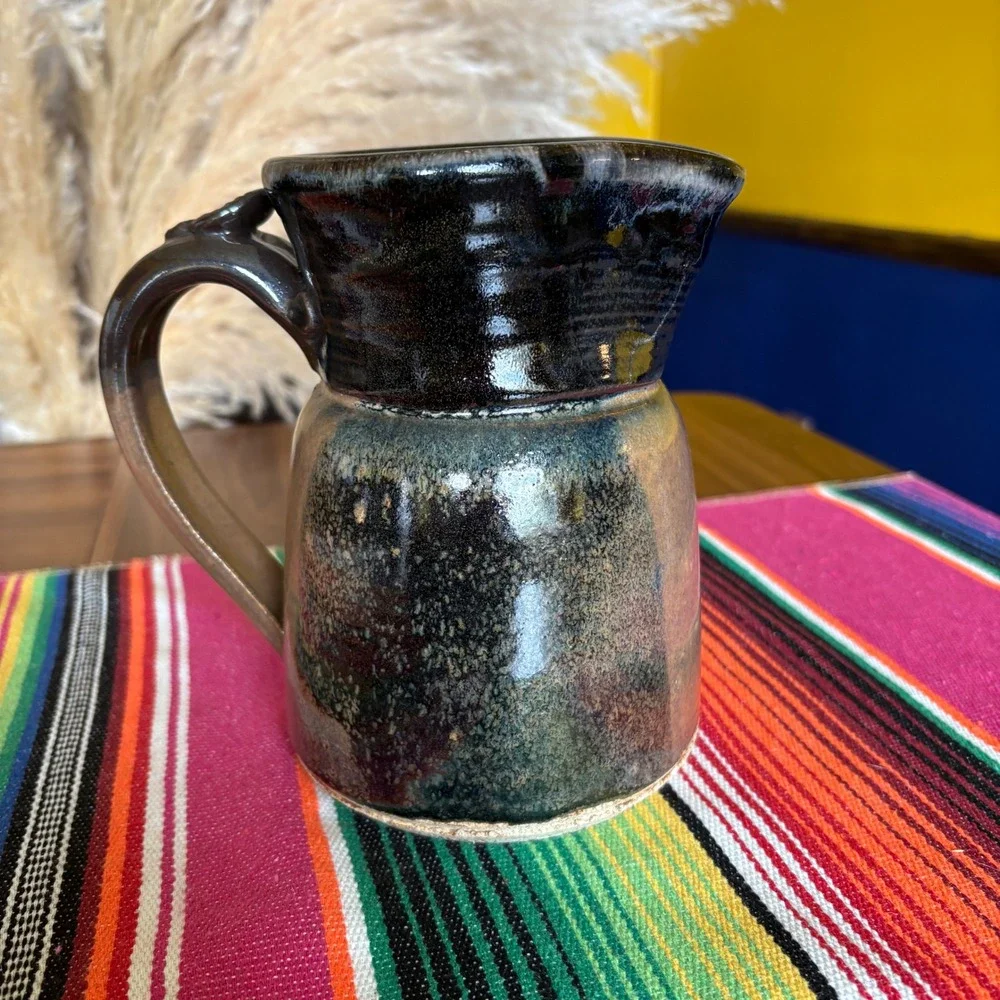 Studio Pottery Iridescent Glaze Pitcher Handmade Stoneware Creamer Black Bronze